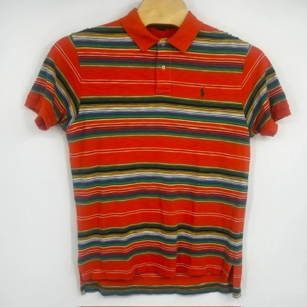 Polo Ralph Lauren Men's Large Orange Multi Color Striped Short Sleeve Polo Shirt